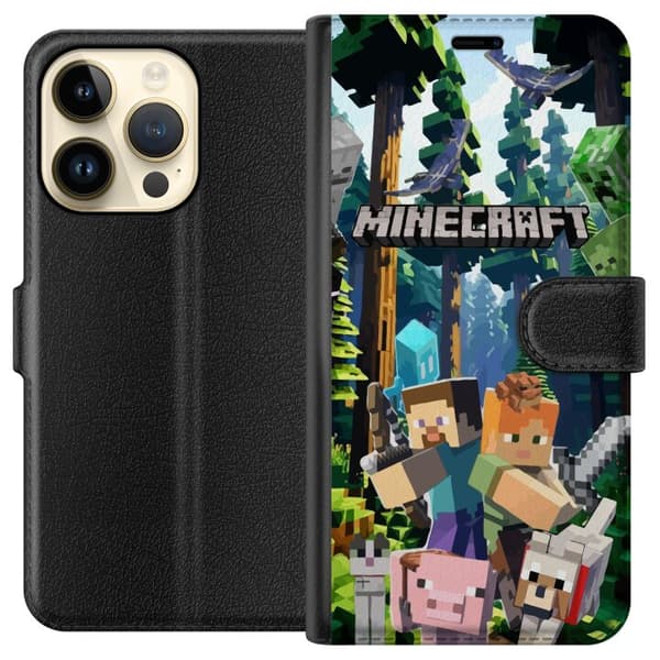 Apple iPhone 15 Pro Tegnebogsetui Minecraft mobiltelefon dækning med skov og pixel karakterer