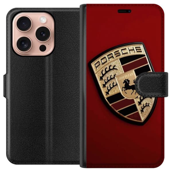 Apple iPhone 16 Pro Plånboksfodral Mobilskal med stilren Porce logotyp i svartvitt
