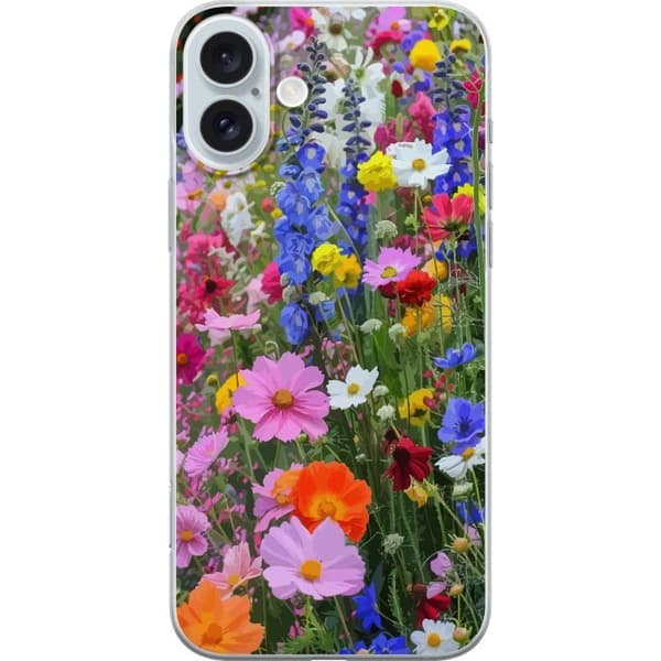 Apple iPhone 16 Plus Gennemsigtig cover Blomstret mobilcover med sommerlig eng og naturmotiv