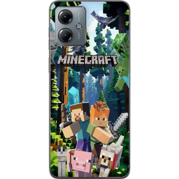 Motorola Moto G14 Gennemsigtig cover Minecraft mobiltelefon dækning med skov og pixel karakterer