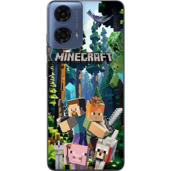 Motorola Moto G04 Genomskinligt Skal Minecraft mobilskal med skog och figurer i pixelstil