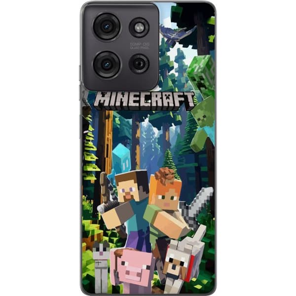 Motorola Moto G75 Genomskinligt Skal Minecraft mobilskal med skog och figurer i pixelstil
