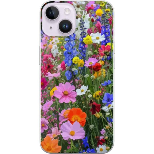 Apple iPhone 14 Plus Gennemsigtig cover Blomstret mobilcover med sommerlig eng og naturmotiv