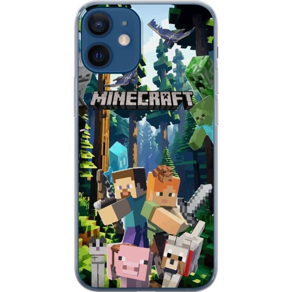 Apple iPhone 12  Gjennomsiktig deksel Minecraft mobildeksel med skog og figurer i pikselstil