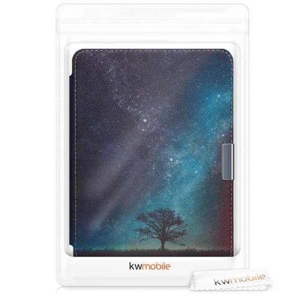 kwmobile E-Reader Fodral kompatibel med Kobo Clara HD - Skydd med magnetisk faux läder flik - Cosmic Tree Blå-Grå-Svart