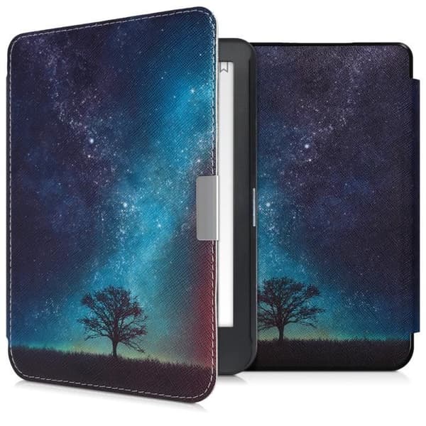 kwmobile E-Reader Fodral kompatibel med Kobo Clara HD - Skydd med magnetisk faux läder flik - Cosmic Tree Blå-Grå-Svart