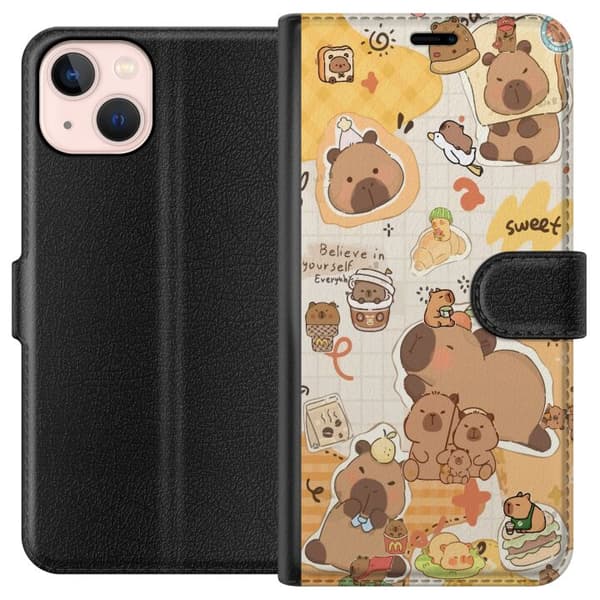 Apple iPhone 13 Plånboksfodral Kawaii capybara mobilskal med gulliga djurmotiv