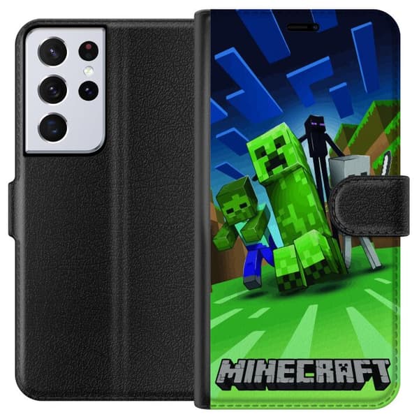 Samsung Galaxy S21 Ultra 5G Plånboksfodral Minecraft Creeper mobilskal i klassisk grön pixelstil