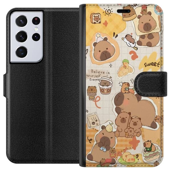 Samsung Galaxy S21 Ultra 5G Tegnebogsetui Kawaii capybara mobilskal med gulliga djurmotiv