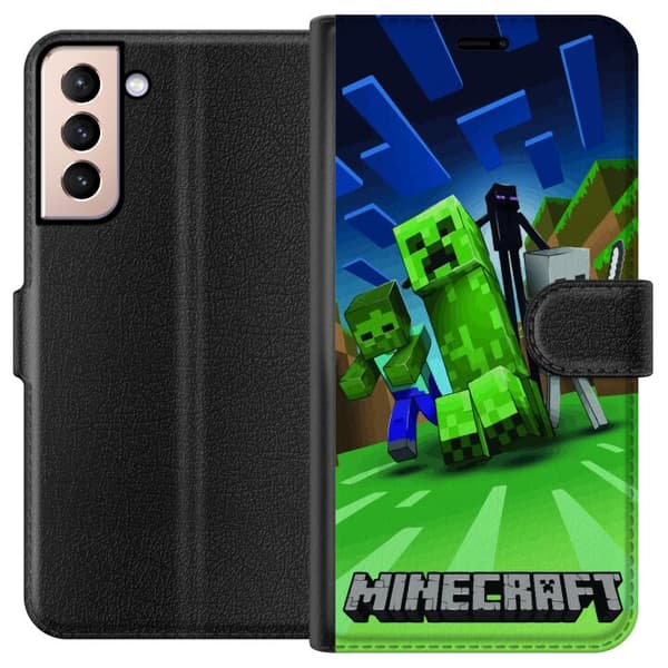 Samsung Galaxy S21 Plånboksfodral Minecraft Creeper mobilskal i klassisk grön pixelstil