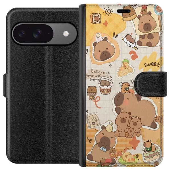 Google Pixel 9 Tegnebogsetui Kawaii capybara mobilskal med gulliga djurmotiv