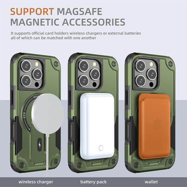 Coque iPhone 16 Pro Magnetisk MagSafe, Stöttåligt Hölje 360° Skydd, Inbyggt Stöd, Ultra Hållbart - Grön