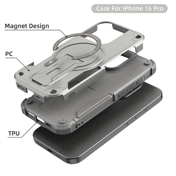 MagSafe iPhone 16 Pro Fodral, Stötabsorberande Robust 360° Skydd, Inbyggt Stöd, Ultra Hållbar - Grå