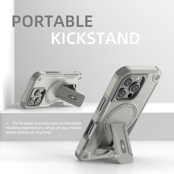 MagSafe iPhone 16 Pro Fodral, Stötabsorberande Robust 360° Skydd, Inbyggt Stöd, Ultra Hållbar - Grå