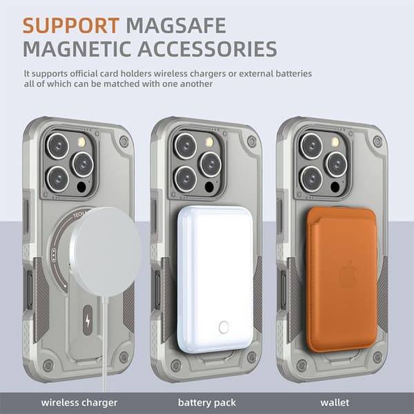 MagSafe iPhone 16 Pro Fodral, Stötabsorberande Robust 360° Skydd, Inbyggt Stöd, Ultra Hållbar - Grå