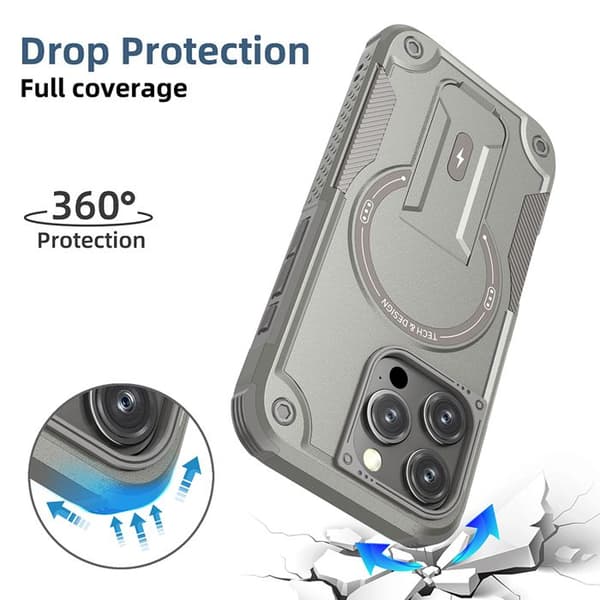MagSafe iPhone 16 Pro Fodral, Stötabsorberande Robust 360° Skydd, Inbyggt Stöd, Ultra Hållbar - Grå
