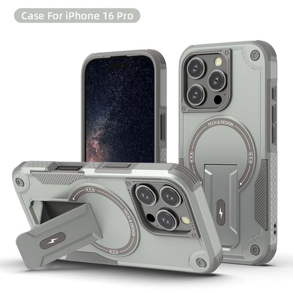MagSafe iPhone 16 Pro Fodral, Stötabsorberande Robust 360° Skydd, Inbyggt Stöd, Ultra Hållbar - Grå