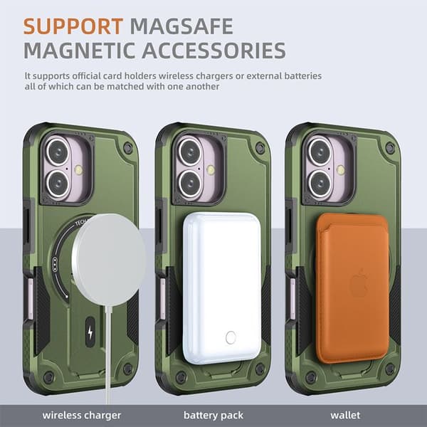 MagSafe iPhone 16 skal, stötsäker robust 360° skydd, inbyggt stöd, ultra hållbar - Grön