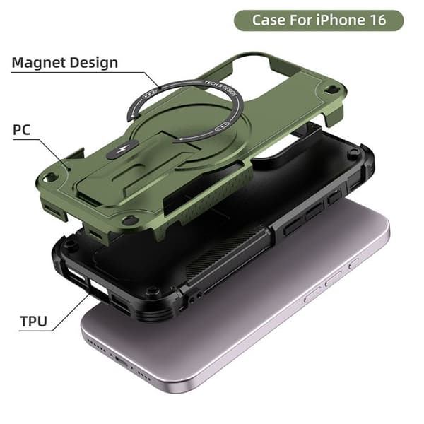 MagSafe iPhone 16 skal, stötsäker robust 360° skydd, inbyggt stöd, ultra hållbar - Grön