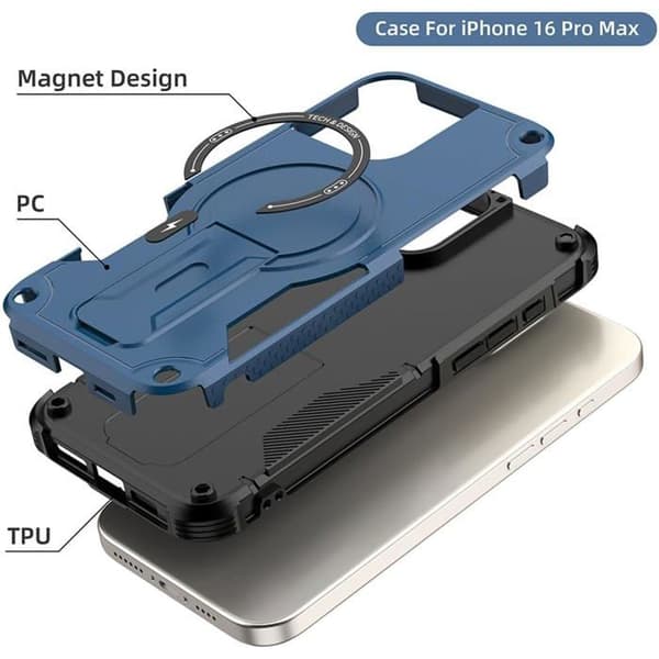 MagSafe Magnetisk Skyddsfodral för iPhone 16 Pro, Stötskyddande Robust 360° Skydd, Inbyggd Stöd, Ultra Hållbar - BLÅ