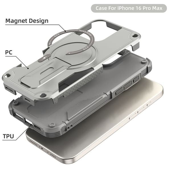 MagSafe Magnetisk iPhone 16 Pro Max Fodral, Stötsäker Robust 360° Skydd, Inbyggt Stöd, Ultratålig - Grå