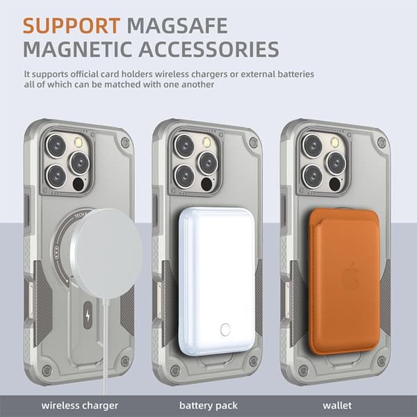 MagSafe Magnetisk iPhone 16 Pro Max Fodral, Stötsäker Robust 360° Skydd, Inbyggt Stöd, Ultratålig - Grå