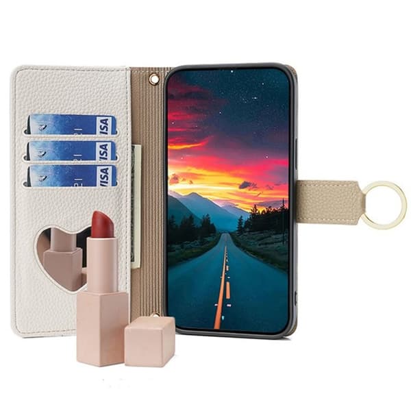 SKALO Xiaomi Redmi A5 4G Litchi Makeup Mirror Lompakkokotelo - Valkoinen