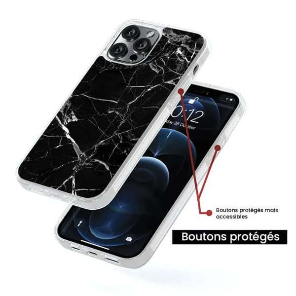 Förstärkt silikonfodral med tryck, kompatibelt med Apple iPhone 14 Pro Max, svart marmor