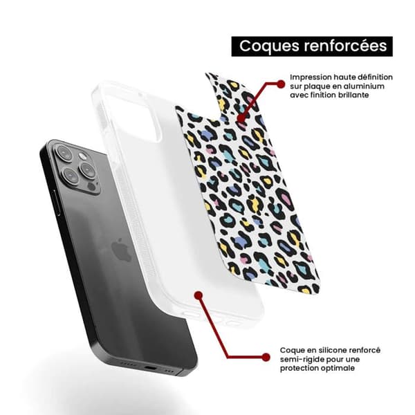 Coque i silikonförstärkt med tryck kompatibel med Apple iPhone 15 Pro Leopard färgglad