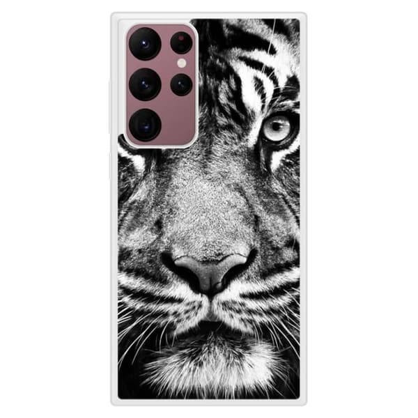 Förstärkt silikonhölje med tryck kompatibelt med Samsung Galaxy S22 Ultra, vit och svart tiger