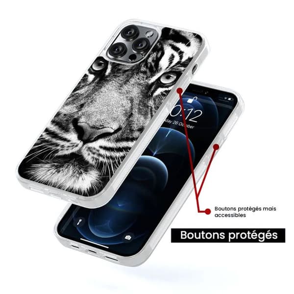 Siliconefodral med förstärkning, tryckt, kompatibel med Apple iPhone 16 Pro Max, vit och svart tiger