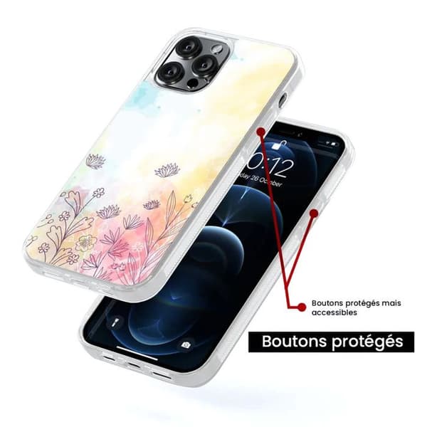 Coque i silikon med förstärkning, tryckt, kompatibel med Apple iPhone 13 Pro, akvarellblommor