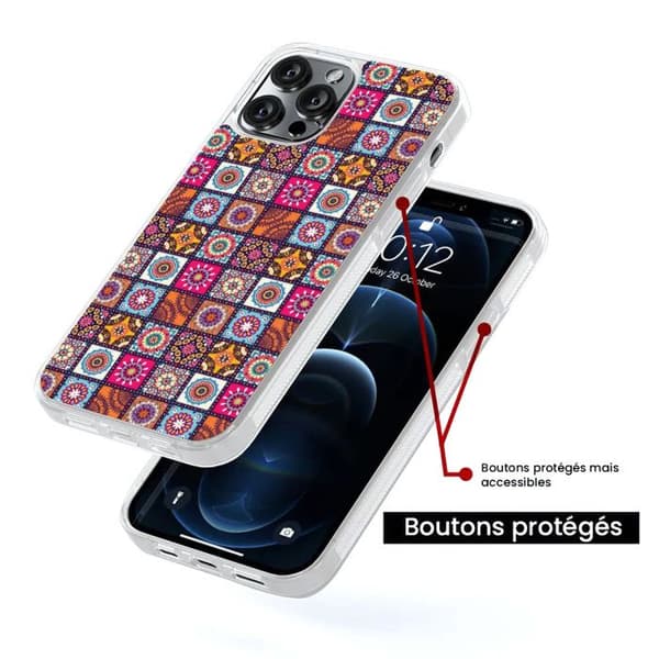 Färgad, förstärkt silikonfodral kompatibel med Apple iPhone 13 Pro Max Patchwork Mandala