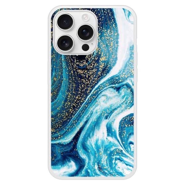 Förstärkt silikonfodral med tryck kompatibelt med Apple iPhone 16 Pro Max Marmor Blå Glittrig