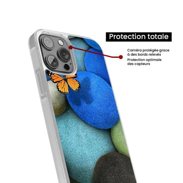 Siliconeförstärkt skal med tryck kompatibelt med Samsung Galaxy S24 Plus Blå fjäril småsten