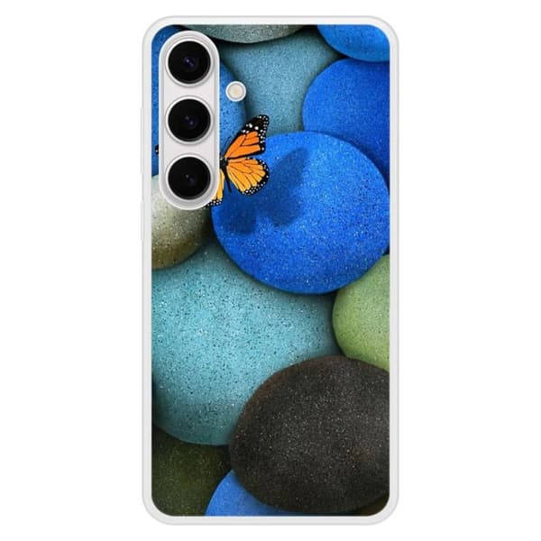 Siliconeförstärkt skal med tryck kompatibelt med Samsung Galaxy S24 Plus Blå fjäril småsten