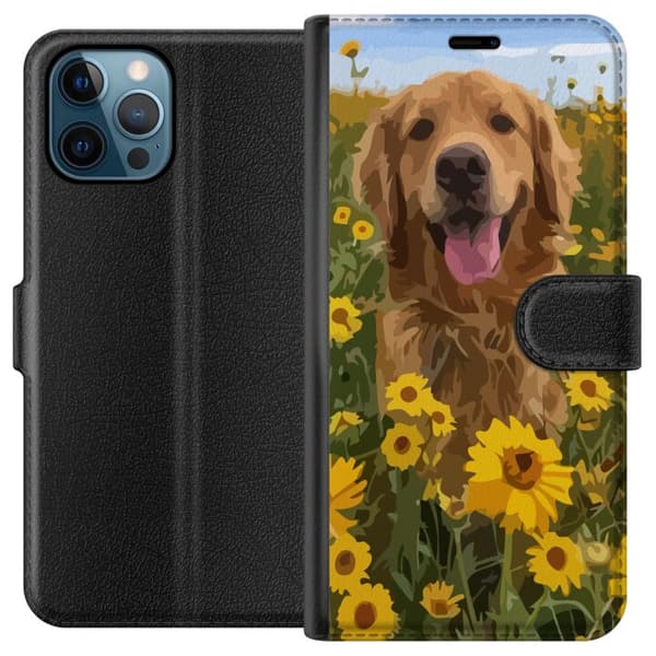 Apple iPhone 12 Pro Plånboksfodral Golden Retriever Solrosfält Hundmotiv Natur Sommar Design Populärt Hundras Familjefavorit