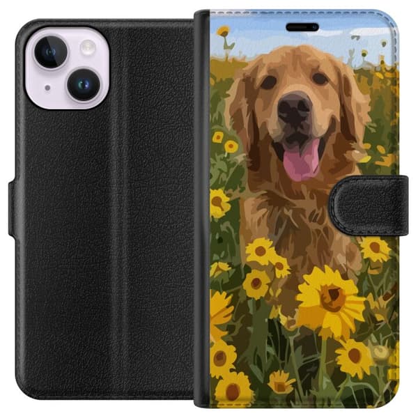 Apple iPhone 14 Lompakkokotelo Kultainennoutaja Auringonkukkapelto Koiramotiivi Luonto Kesä Suunnittelu Suosittu Koirarotu Perheen suosikki