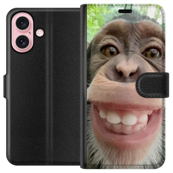 Apple iPhone 16 Lompakkokotelo Simpanssi Selfie Rauhallinen Graafinen Suunnittelu Apinan Aihe Suosittu Urban Art Tyyli