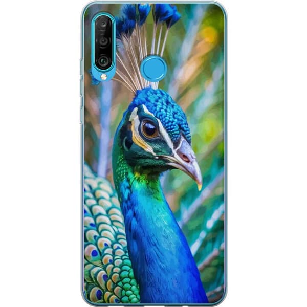 Huawei P30 lite Genomskinligt Skal Påfågel Fjädrar Färgstark Design Fågelmotiv Exotiskt Grafiskt Motiv Natur Lyxig Dekoration