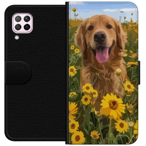 Huawei P40 lite Plånboksfodral Golden Retriever Solrosfält Hundmotiv Natur Sommar Design Populärt Hundras Familjefavorit