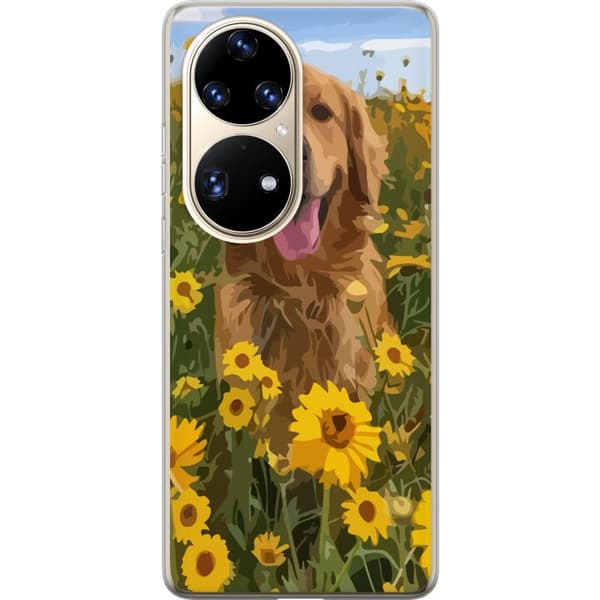 Huawei P50 Pro Genomskinligt Skal Golden Retriever Solrosfält Hundmotiv Natur Sommar Design Populärt Hundras Familjefavorit