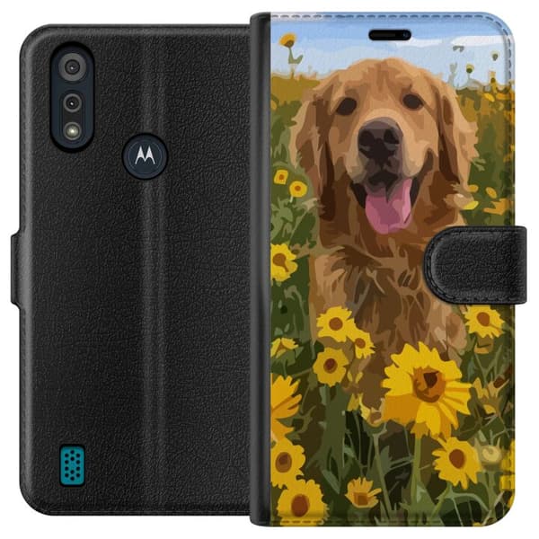 Motorola Moto E6i Tegnebogsetui Golden Retriever Solrosmark Hundemotiv Natur Sommer Design Populær Hunderace Familiefavorit