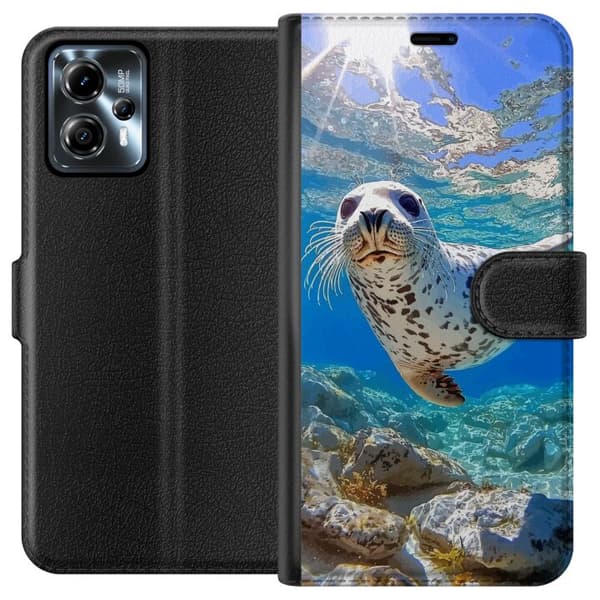 Motorola Moto G13 Plånboksfodral Säl Hav Simmande Djurmotiv Natur Vattenmotiv Blå Design Marint Tema Populärt Motiv Djurliv