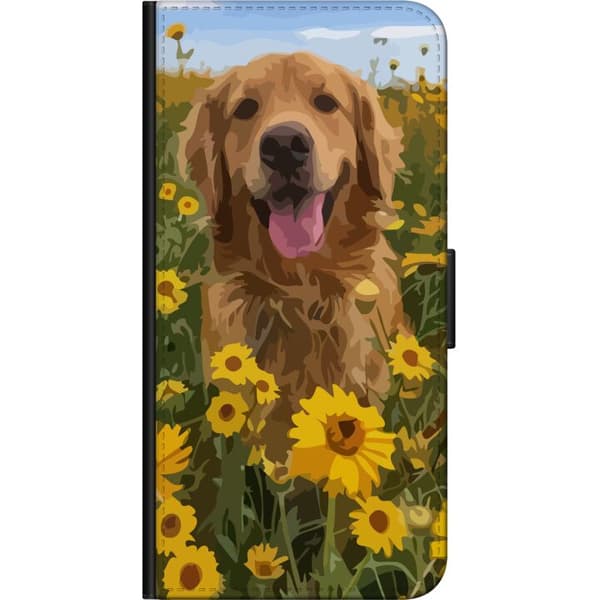 OnePlus 8 Plånboksfodral Golden Retriever Solrosfält Hundmotiv Natur Sommar Design Populärt Hundras Familjefavorit