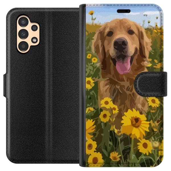 Samsung Galaxy A13 Plånboksfodral Golden Retriever Solrosfält Hundmotiv Natur Sommar Design Populärt Hundras Familjefavorit