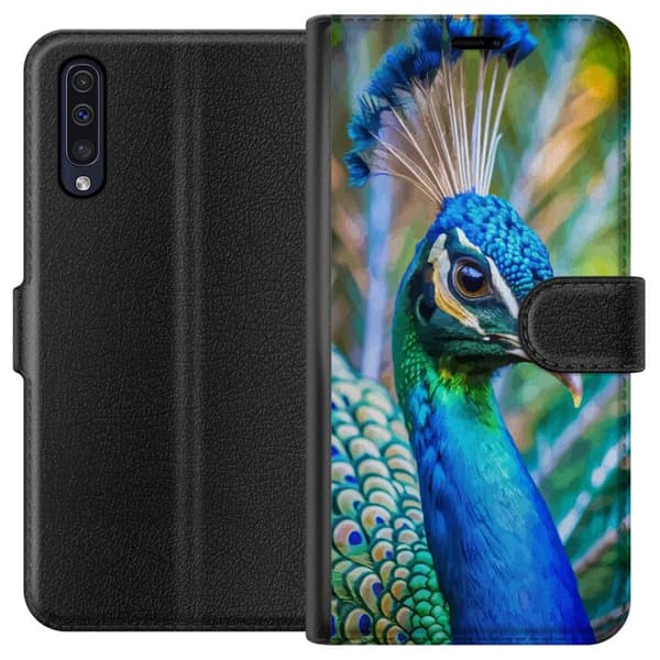 Samsung Galaxy A50 Tegnebogsetui Påfugle Fjer Farverig Design Fuglemotiv Eksotisk Grafisk Motiv Natur Luksuriøs Dekoration