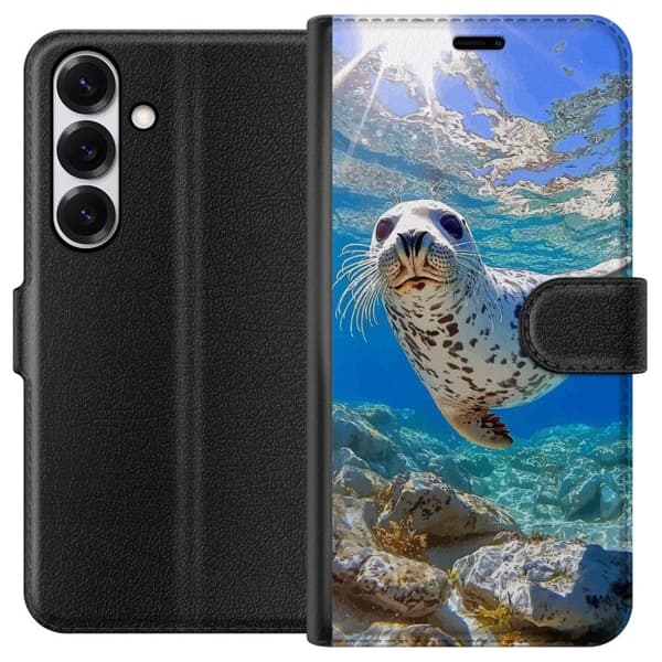Samsung Galaxy S25 Plånboksfodral Säl Hav Simmande Djurmotiv Natur Vattenmotiv Blå Design Marint Tema Populärt Motiv Djurliv