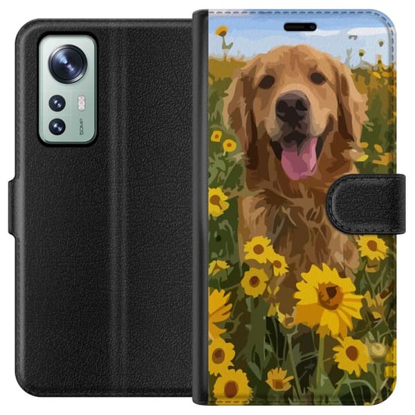 Xiaomi 12 Tegnebogsetui Golden Retriever Solrosmark Hundemotiv Natur Sommer Design Populær Hunderace Familiefavorit