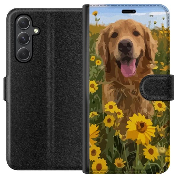 Samsung Galaxy A35 Lommeboketui Golden Retriever Solsikkeåker Hundemotiv Natur Sommer Design Populær Hundras Favoritt i familien